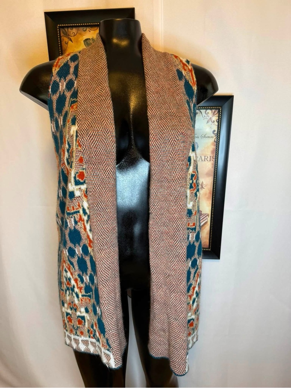 new directions Teal and Brown Open-Front Patterned Knit Vest
